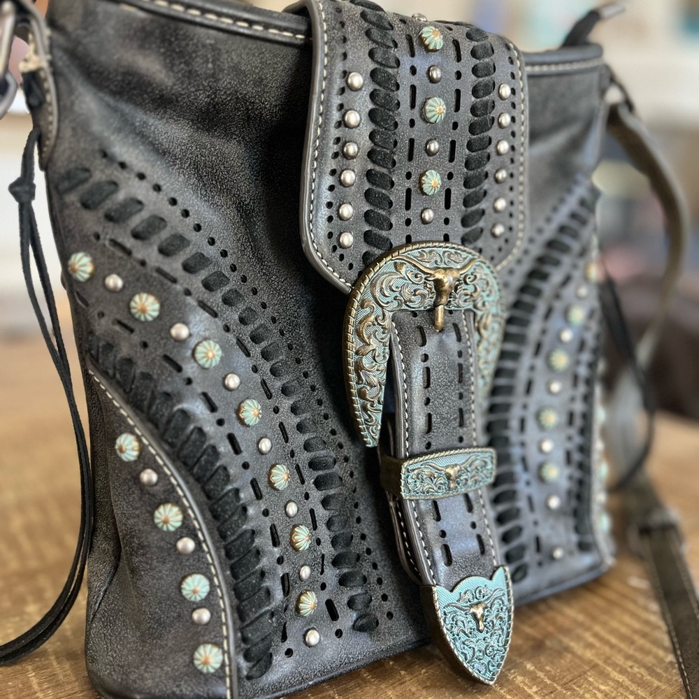 Montana West Gray Crossbody Bag with Turquoise Buckle